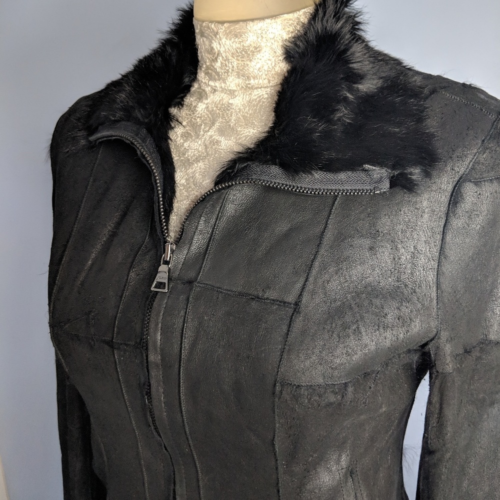 Guess rabbit fur suede jacket patchwork black zip